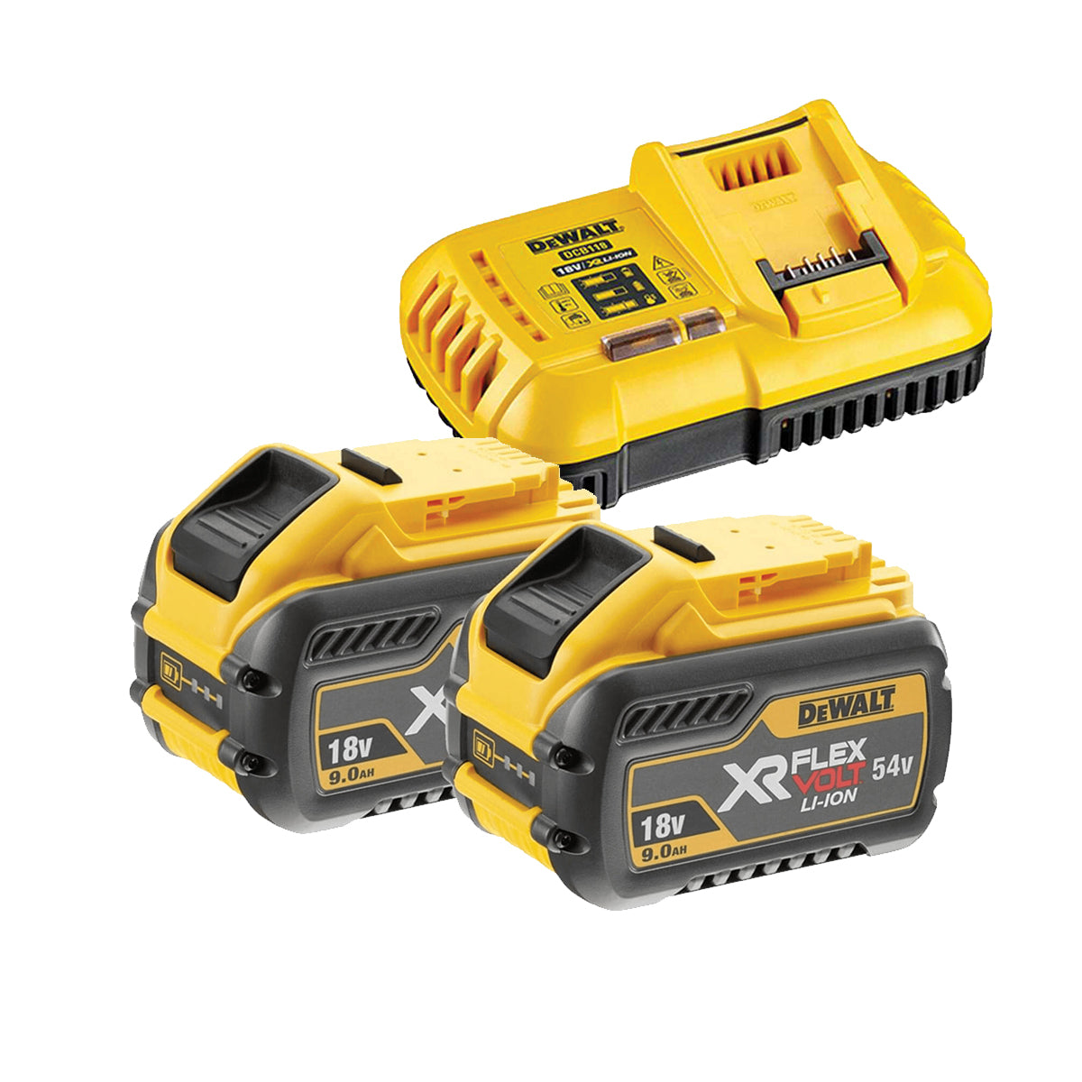 KIT de 2 batteries haute puissance XR 54V/18V FLEXVOLT 9Ah + chargeur de batterie - DeWALT - DCB118X2-QW KIT de 2 batteries haute puissance XR 54V/18V FLEXVOLT 9Ah + chargeur de batterie - DeWALT - DCB118X2-QW